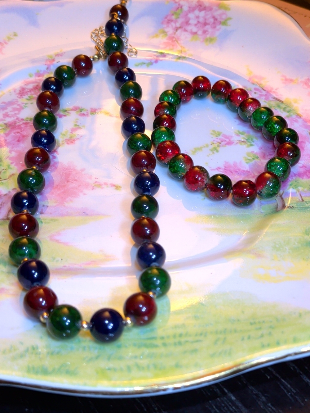 Multicolor Stones Beaded Necklace and Crackling Glass StretchingBracelet Bundle